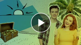Standbild Video. Ein junger Mann und eine junge Frau stehen an einem Strand. In der Mitte befindet sich ein großer Playbutton.