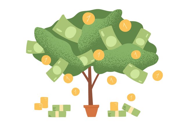 An einem Baum wachsen Geldscheine und Münzen. Auch unter dem Baum liegt Geld.