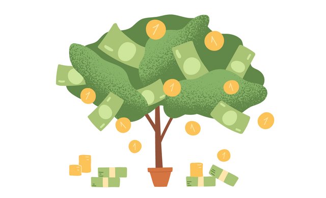 An einem Baum wachsen Geldscheine und Münzen. Auch unter dem Baum liegt Geld.