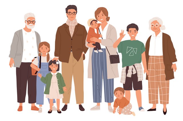 Illustration eines Gruppenbildes mit Menschen aus mehreren Generationen.