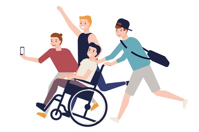 Vier junge Menschen rennen in einer Gruppe. Einer von ihnen sitzt im Rollstuhl und wird von einem anderen geschoben.