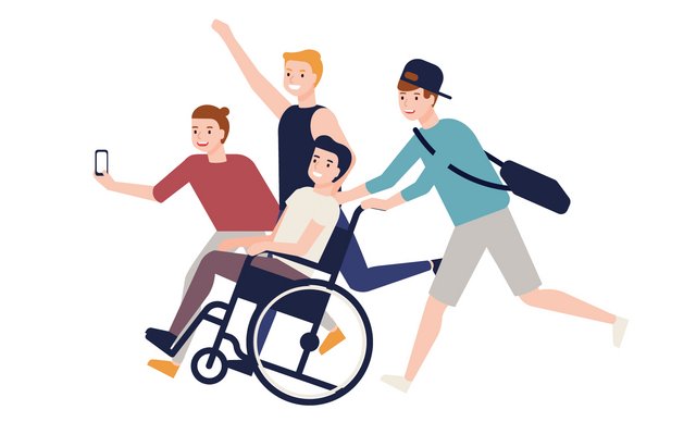 Vier junge Menschen rennen in einer Gruppe. Einer von ihnen sitzt im Rollstuhl und wird von einem anderen geschoben.