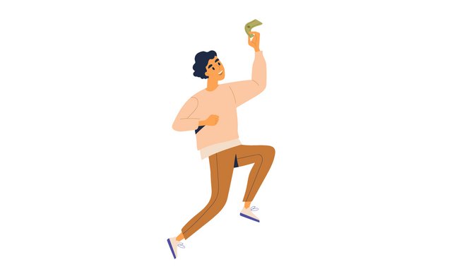Ein junger Mann streckt einen Geldschein in die Luft. Dabei springt er freudig hoch.