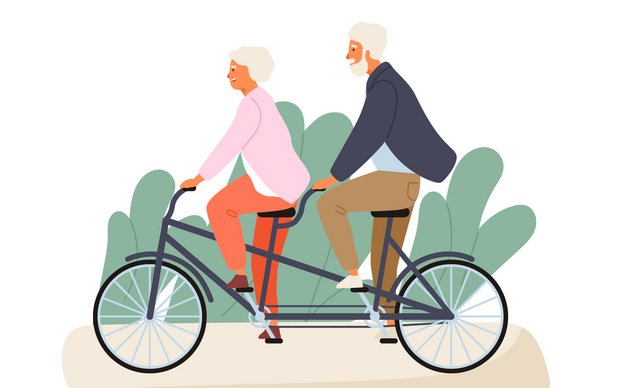 Zwei ältere Menschen fahren gemeinsam auf einem Tandem Rad.