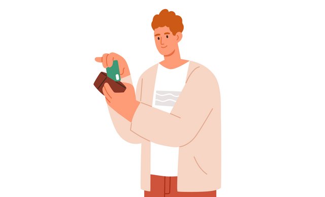 Illustration einer Person, die einen Geldschein aus ihrem Geldbeutel zieht.