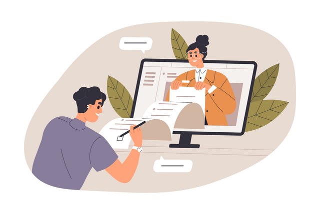 Illustration, in der eine Person vor einem Computer sitzt, aus dem eine andere Person mit einer Checkliste hervorkommt.