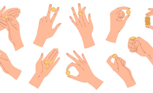 Viele Hände zeigen verschiedene Handzeichen und halten dabei Geldmünzen zwischen den Fingern.