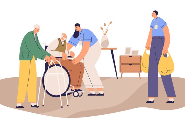 Zwei Altenpflegende sorgen sich um zwei ältere Männer. Ein Mann sitzt im Rollstuhl. Der andere Mann geht an einer Gehhilfe.