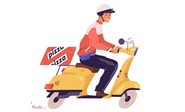 Eine Person fährt auf einem Moped und transportiert mit dem Moped einen Pizza-Karton.