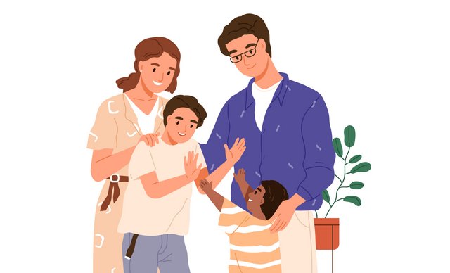 Illustration einer Familie. Zwei Erwachsene und zwei Kinder stehen eng beieinander.