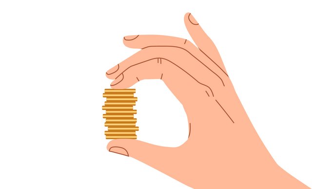 Illustration einer Hand, die einen Stapel Goldmünzen hält.