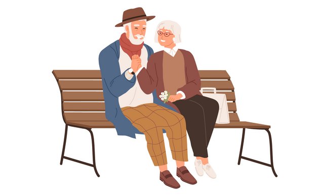Ein alter Mann und eine alte Frau sitzen gemeinsam auf einer Bank.