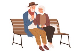Ein alter Mann und eine alte Frau sitzen gemeinsam auf einer Bank.