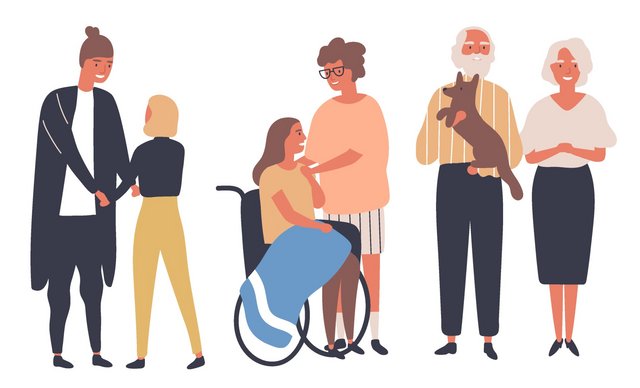Illustration einer Gruppe von Menschen. Mutter mit Kind, Frau im Rollstuhl und zwei Ältere