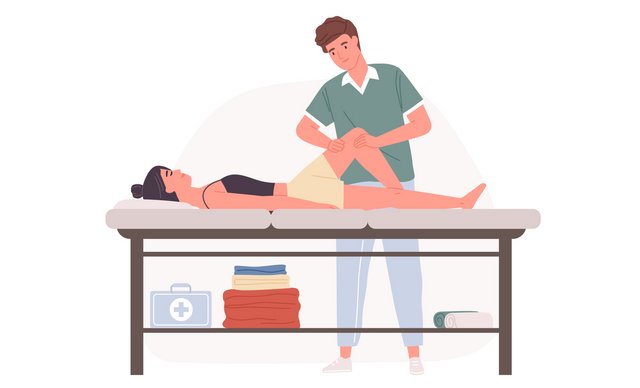 Illustration von zwei Personen. Ein Patient wird von einem Physiotherapeut behandelt.