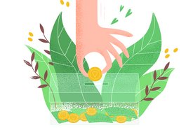 Eine Hand steckt eine Geldmünze in eine transparente Box. In der Box liegen weitere Münzen und Geldscheine. Im Hintergrund befindet sich eine grüne Pflanze.