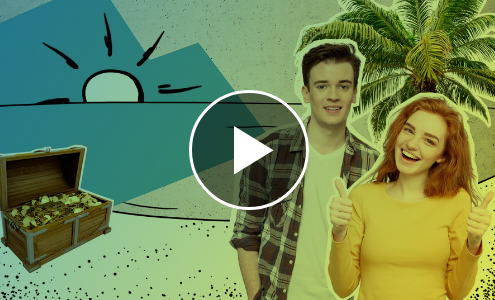 Standbild Video mit Playbutton in der Mitte. Eine junge Frau und ein junger Mann stehen am Strand.
